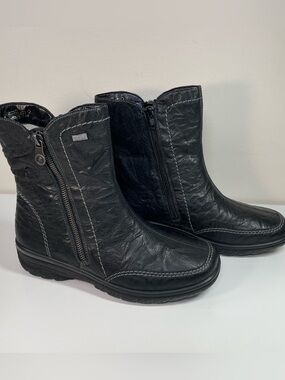Rieker Tex Black Leather Wool Lined Ankle Boots Waterproof Double Zip Womens’s 6